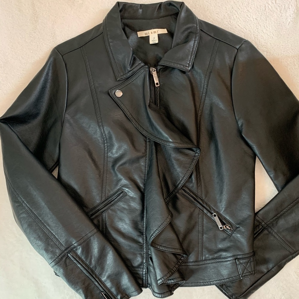 Black Faux Leather Jacket with Ruffle Size Small